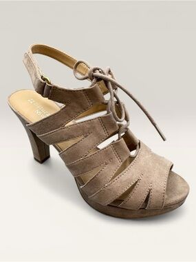 Naturalizer Taupe Suede Strappy Lace-Up Block Heels, size 7